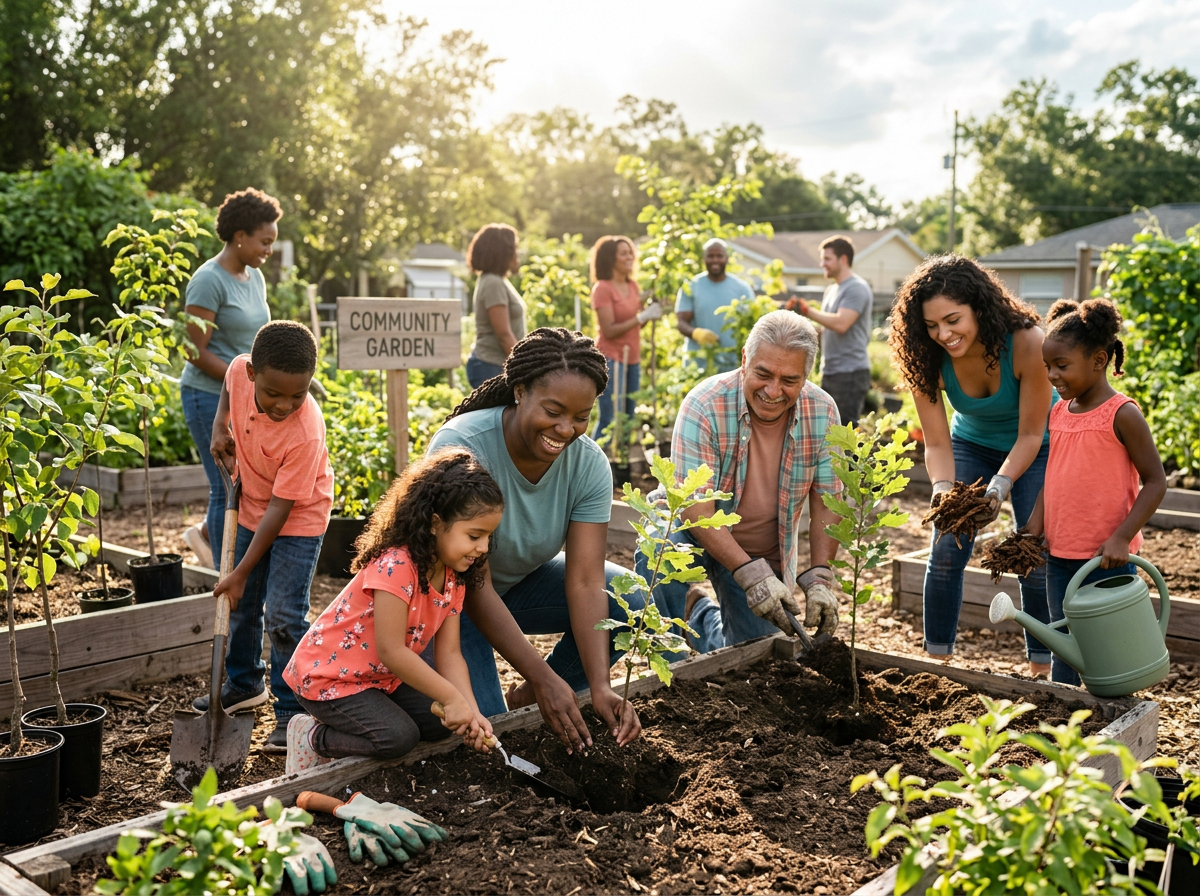 Neighbors and children working together in a community garden